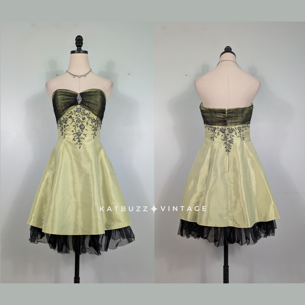 Vintage Prom Dress Mini Gown 8 Green Black Goth Strapless Empire Y2K Princess